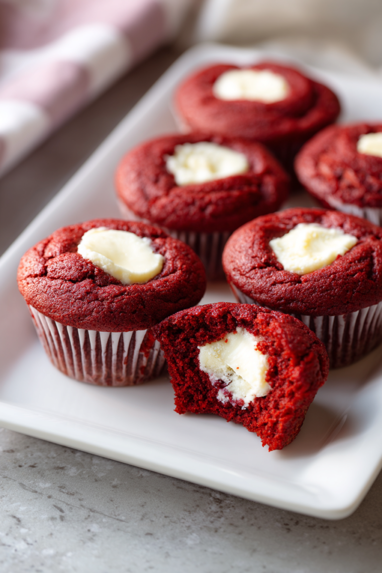 easy red velvet cream cheese muffins on white plate