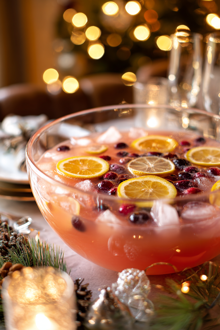 Christmas Pink Sugar Plum Punch in a festive holiday punch bowl