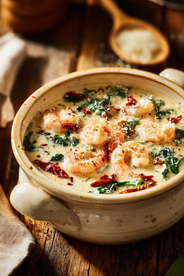 Creamy Tuscan Shrimp Soup served in a bowl with shrimp and spinach