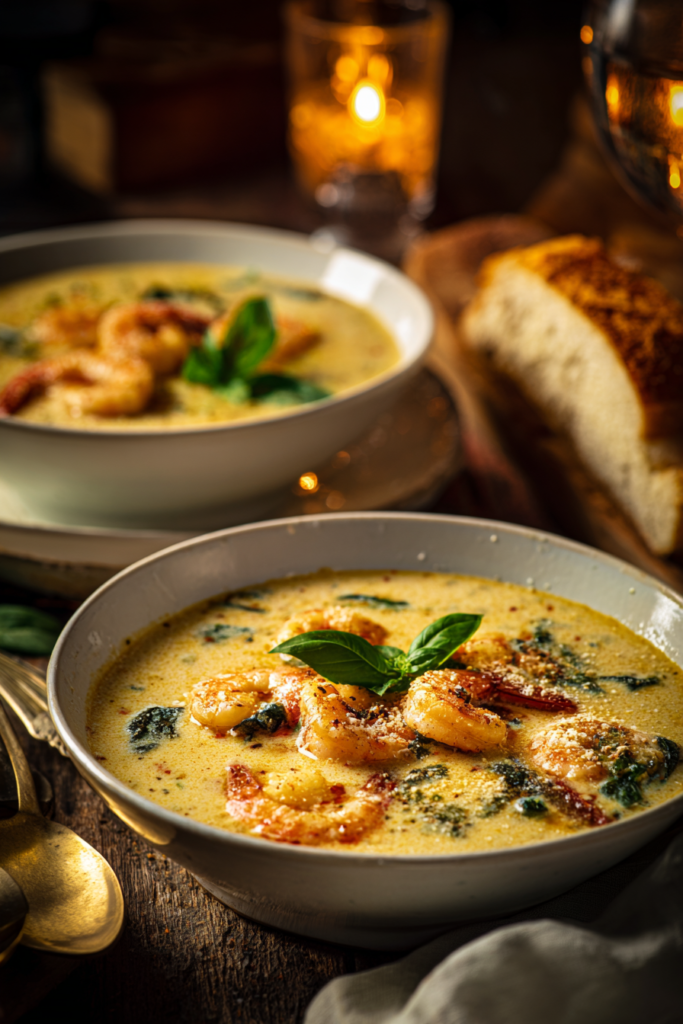 Creamy Tuscan Shrimp Soup base cooking in a pot on the stove