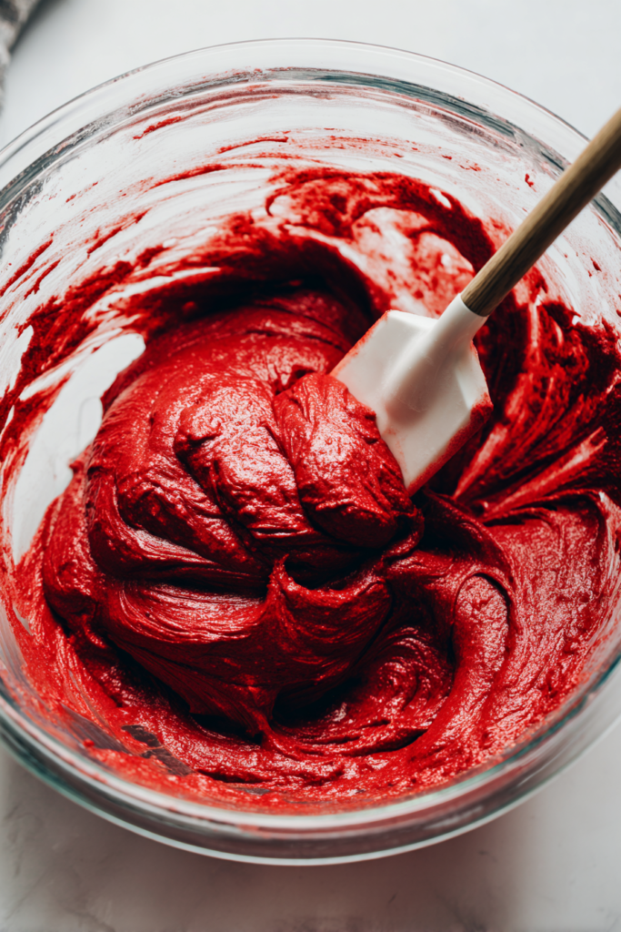 mixing red velvet batter for swirl bars