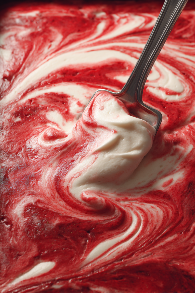 creating strawberry swirl on red velvet layer